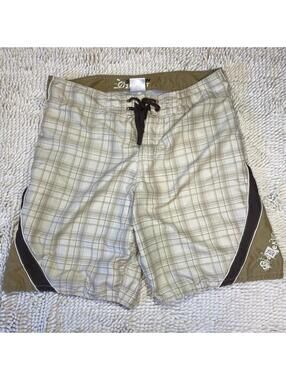 Y2K Sudden Impact Plaid Board Shorts Spellout Drawstring Size L Pockets